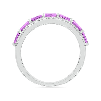 Emerald Cut Amethyst & 1/4 ct. tw. Diamond Multirow Ring in 10K White Gold close-up detail