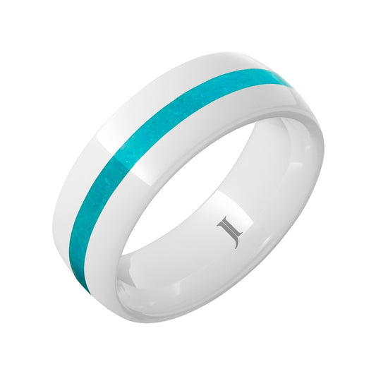 Men's 8mm Turquise Inlay Dome Wedding Ring in White Ceramic front view