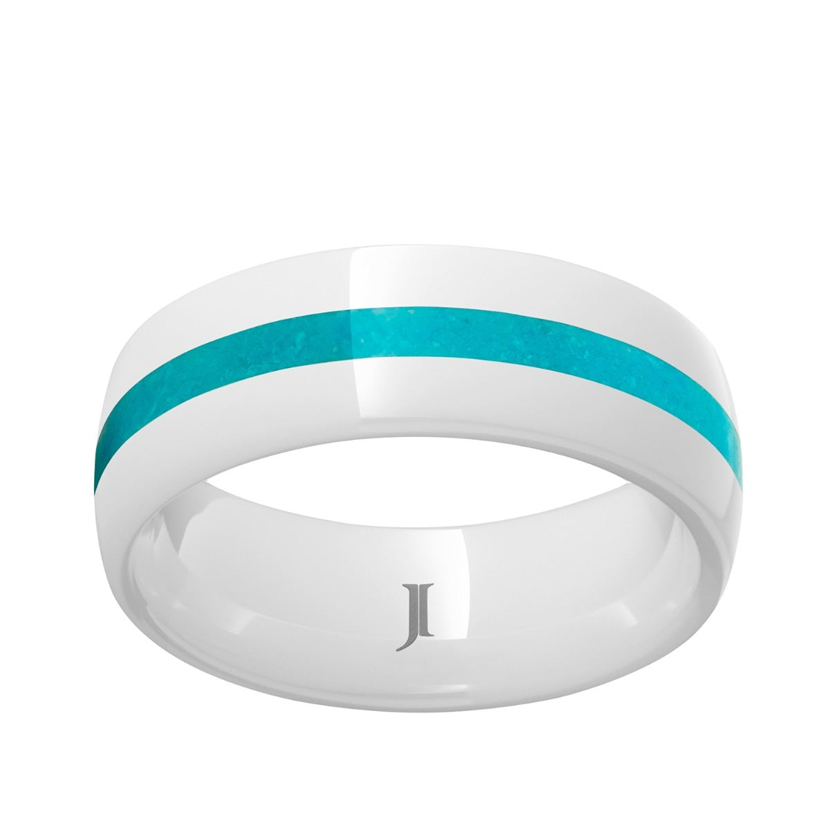 Men's 8mm Turquise Inlay Dome Wedding Ring in White Ceramic