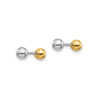 Children's 4mm Reversible Ball Earrings in 14K White & Yellow Gold front view