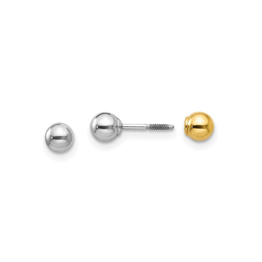 Children's 4mm Reversible Ball Earrings in 14K White & Yellow Gold