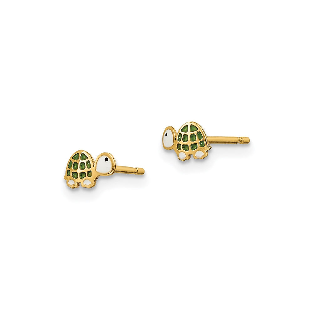 Children's Enamel Turtle Earrings in 14K Yellow Gold front view