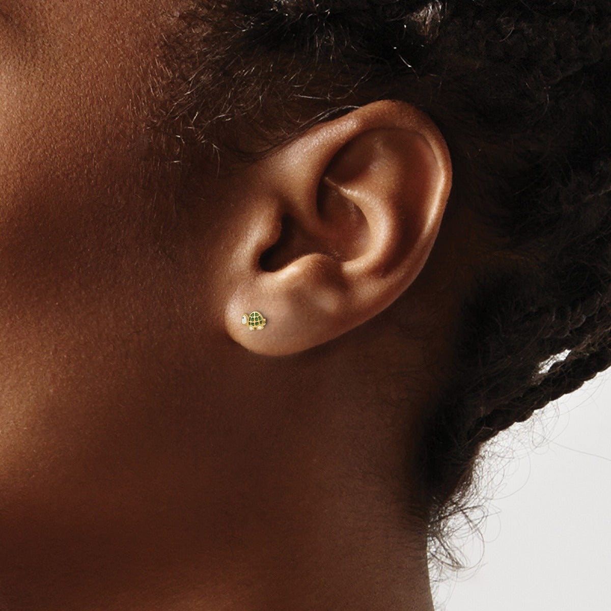 Children's Enamel Turtle Earrings in 14K Yellow Gold close-up detail