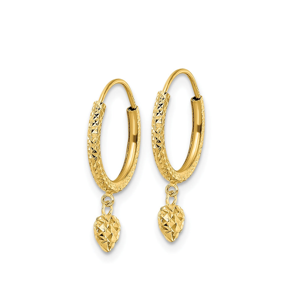 Children's Heart Dangle Charm Hoop Earrings in 14K Yellow Gold front view