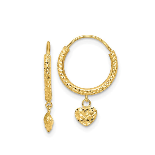 Children's Heart Dangle Charm Hoop Earrings in 14K Yellow Gold