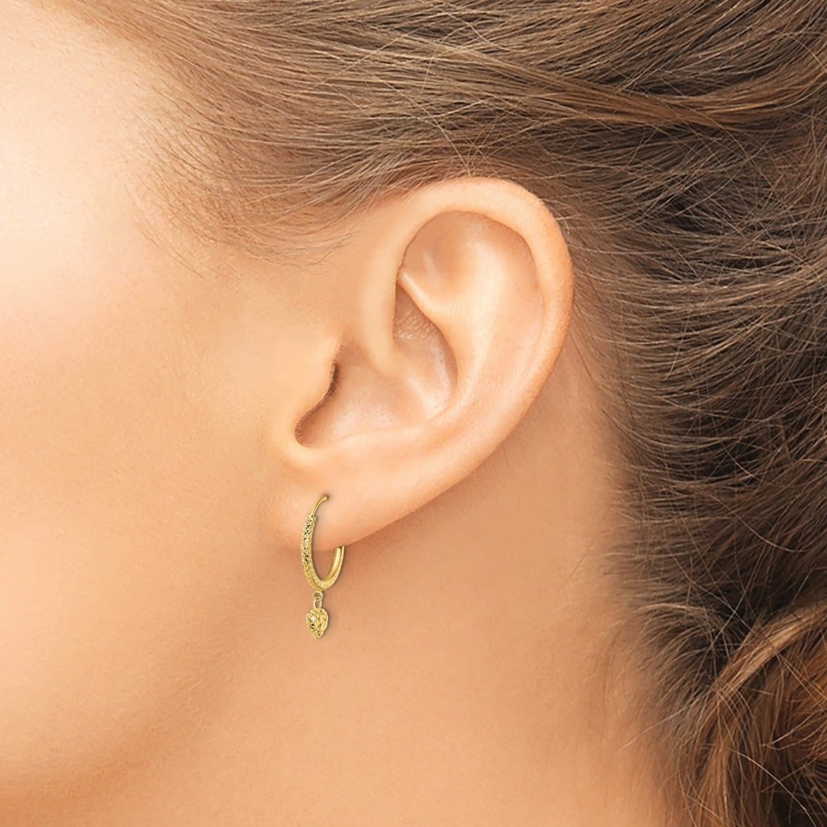 Children's Heart Dangle Charm Hoop Earrings in 14K Yellow Gold close-up detail