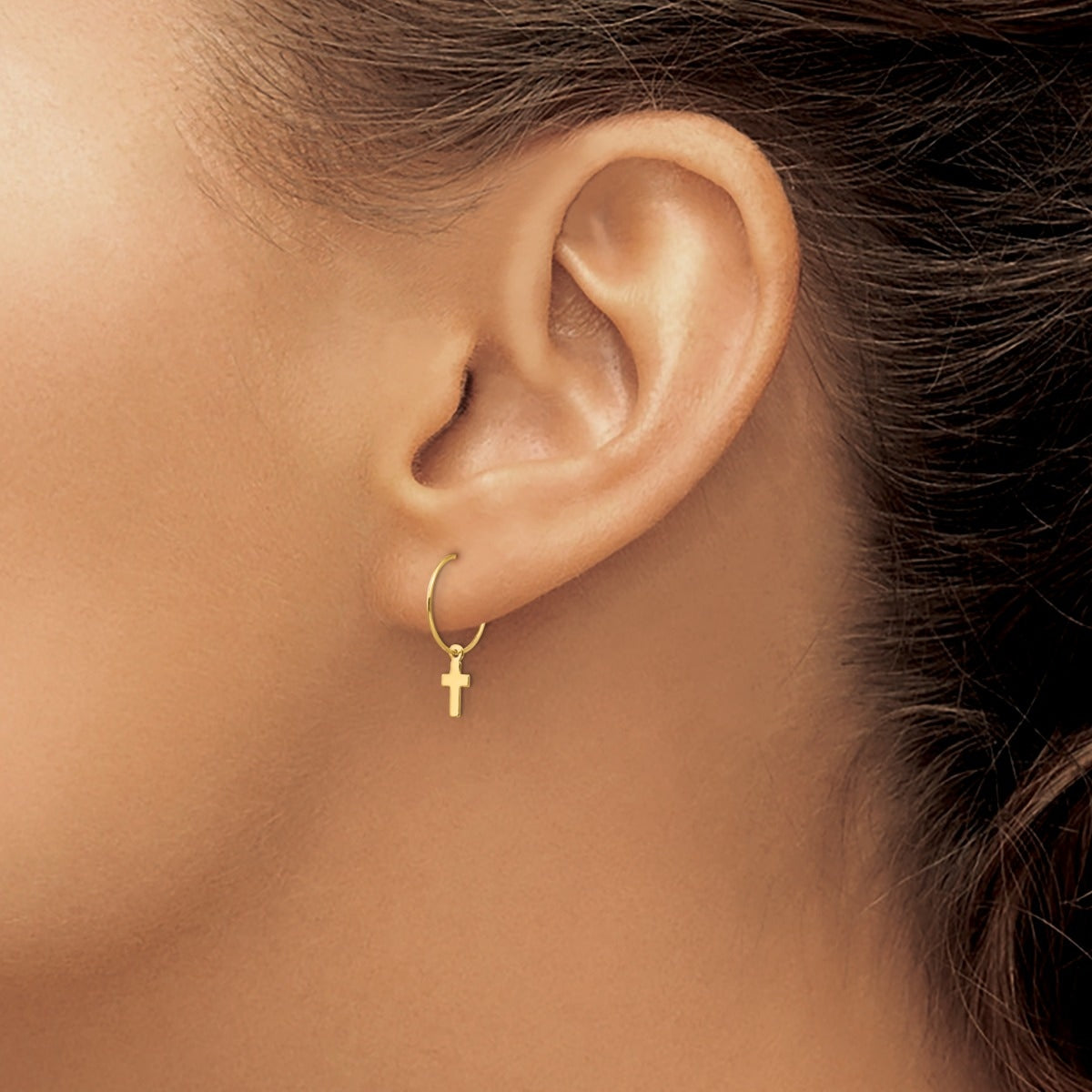 Children's Cross Hoop Earrings in 14K Yellow Gold close-up detail