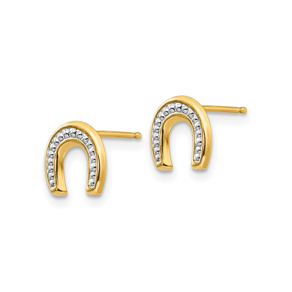 Children's Polished & Rhodium Plated Horseshoe Earrings in 14K Yellow Gold front view