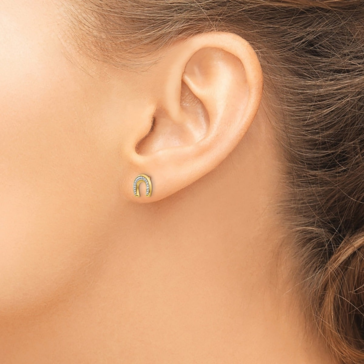 Children's Polished & Rhodium Plated Horseshoe Earrings in 14K Yellow Gold close-up detail
