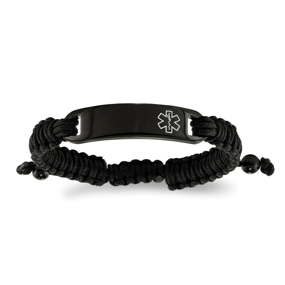 Adjustable Nylon Medical ID Bracelet in Black Ion Plated Stainless Steel