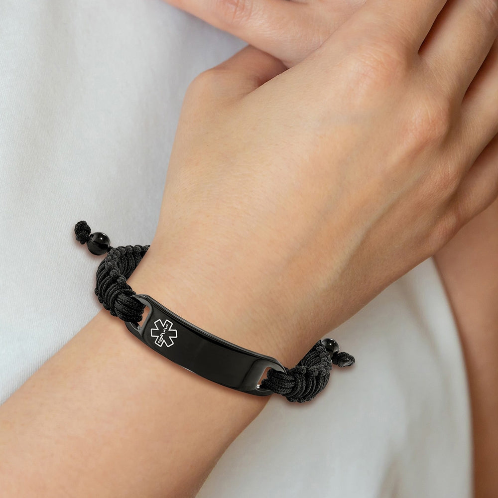 Adjustable Nylon Medical ID Bracelet in Black Ion Plated Stainless Steel front view