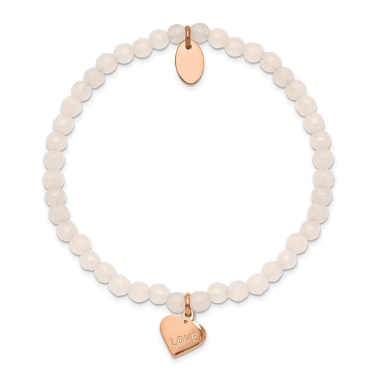 Pink Jade Bead Stretch Bracelet with Pink Ion Plated Stainless Steel Heart Charm front view
