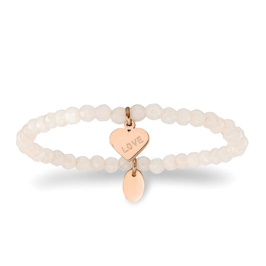 Pink Jade Bead Stretch Bracelet with Pink Ion Plated Stainless Steel Heart Charm