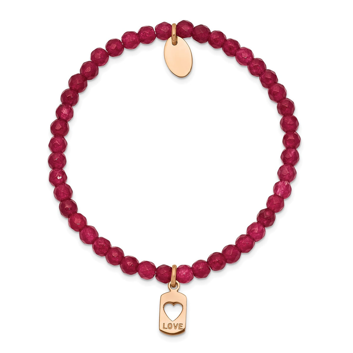 Red Jade Bead Stretch Bracelet with Pink Ion Plated Stainless Steel Heart Charm front view