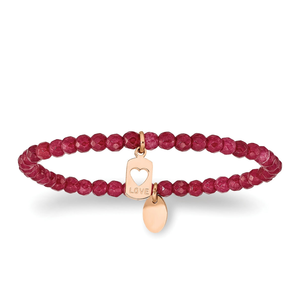 Red Jade Bead Stretch Bracelet with Pink Ion Plated Stainless Steel Heart Charm