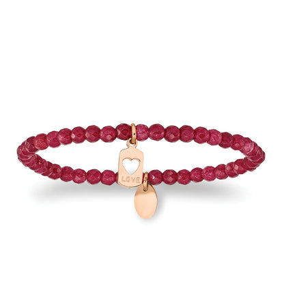Red Jade Bead Stretch Bracelet with Pink Ion Plated Stainless Steel Heart Charm