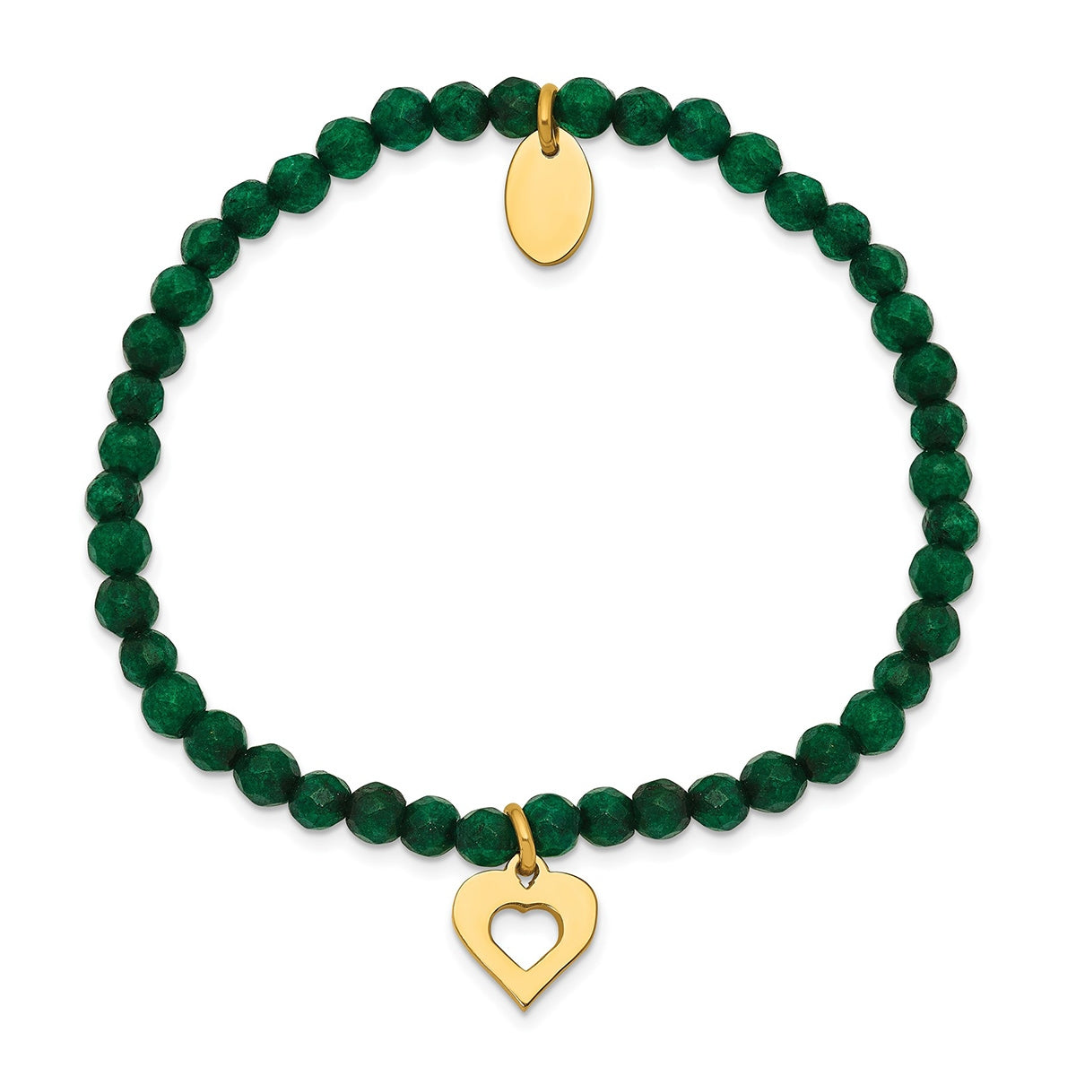 Green Jade Bead Stretch Bracelet with Yellow Ion Plated Stainless Steel Heart Charm front view