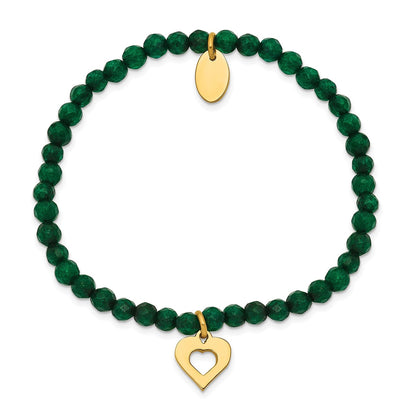 Green Jade Bead Stretch Bracelet with Yellow Ion Plated Stainless Steel Heart Charm front view