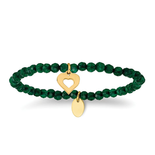 Green Jade Bead Stretch Bracelet with Yellow Ion Plated Stainless Steel Heart Charm