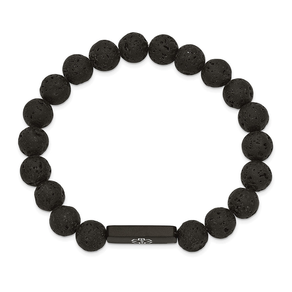 Lava Bead Medical ID Bracelet in Black Ion Plated Stainless Steel front view