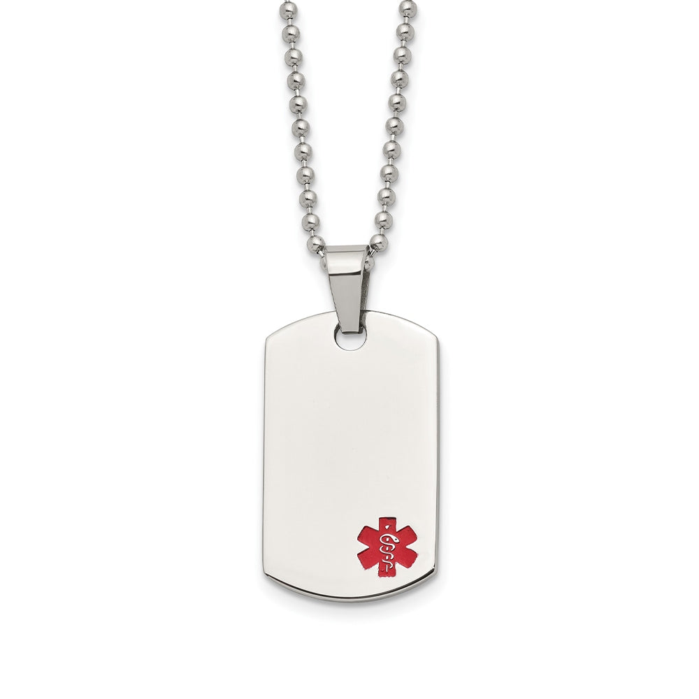 Medical ID Dog Tag Pendant on 24-inch Ball Chain in Polished Stainless Steel