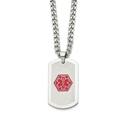 Medical ID Dog Tag Pendant on 30-inch Curb Chain in Brushed & Polished Stainless Steel