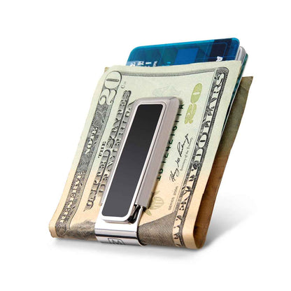 M-Clip Brushed Finish with Black Enamel Money Clip front view