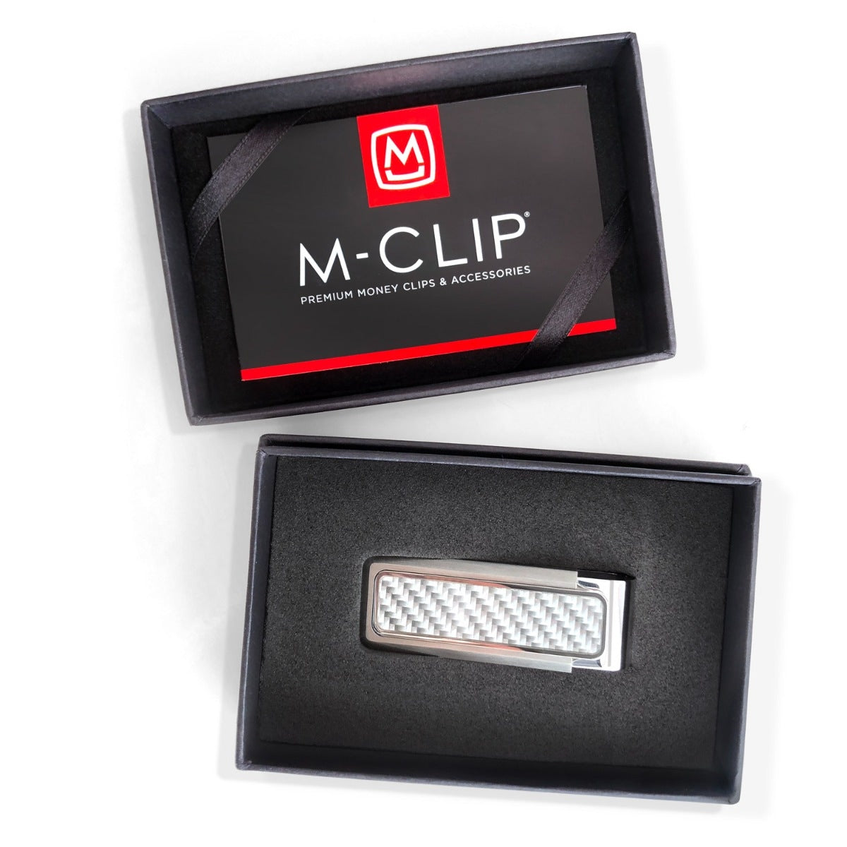 M-Clip Brushed Finish with White Carbon Fiber Money Clip front view