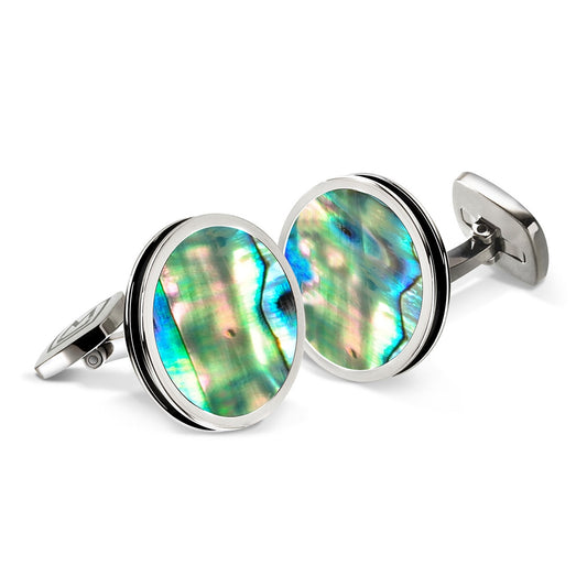 M-Clip Green Abalone & Mother of Pearl Bordered Round Cufflinks