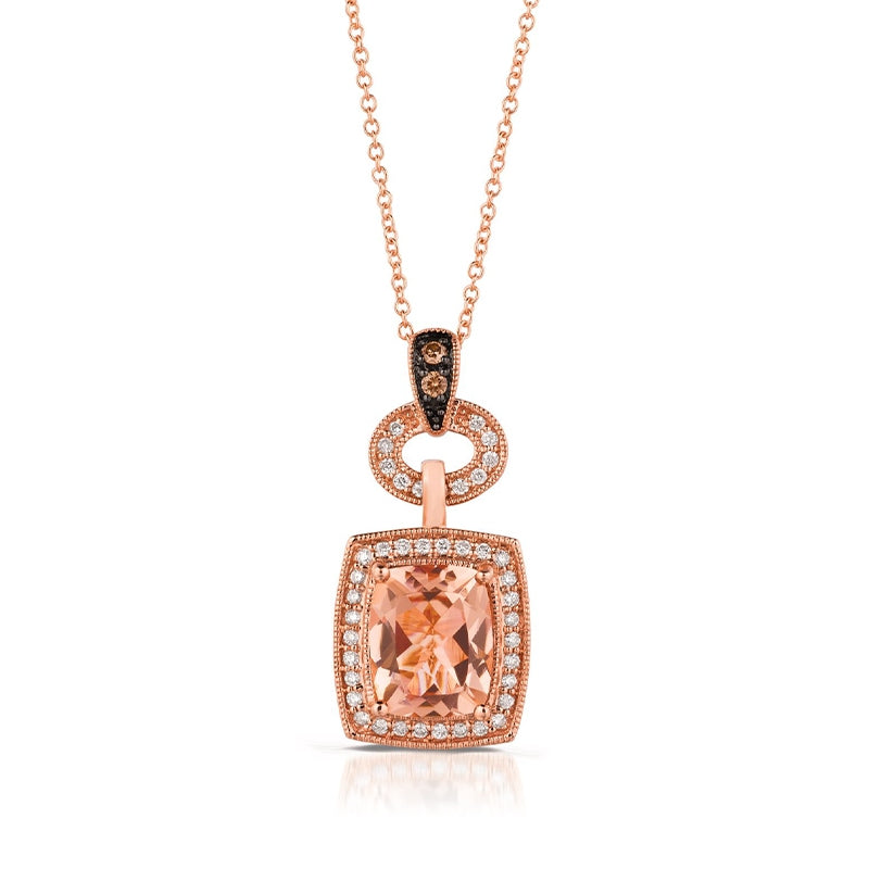 Le Vian Cushion Peach Morganite & 1/4 ct. tw. Vanilla & Chocolate Diamond Halo Milgrain Drop Pendant in 14K Strawberry Gold
