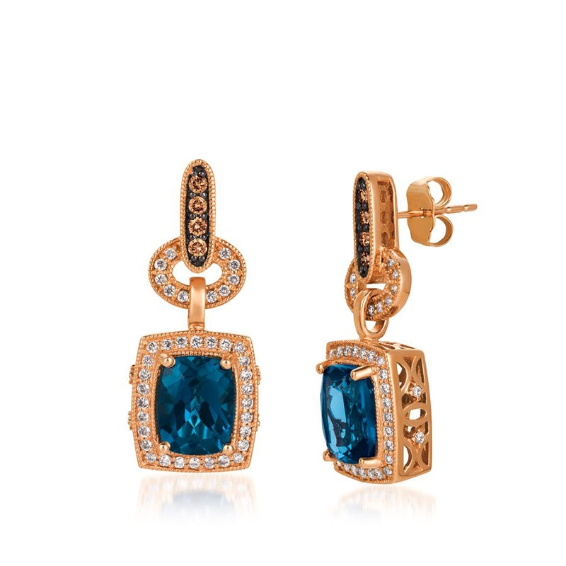 Le Vian Chocolatier Cushion Deep Sea Blue Topaz & 5/8 ct. tw. Vanilla & Chocolate Diamond Halo Milgrain Earrings in 14K