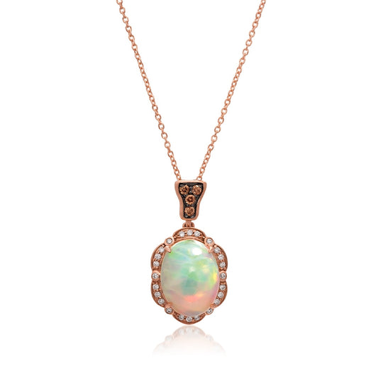 Le Vian Chocolatier Oval Neopolitan Opal & 1/5 ct. tw. Vanilla & Chocolate Diamond Scalloped Halo Pendant in 14K Strawberry