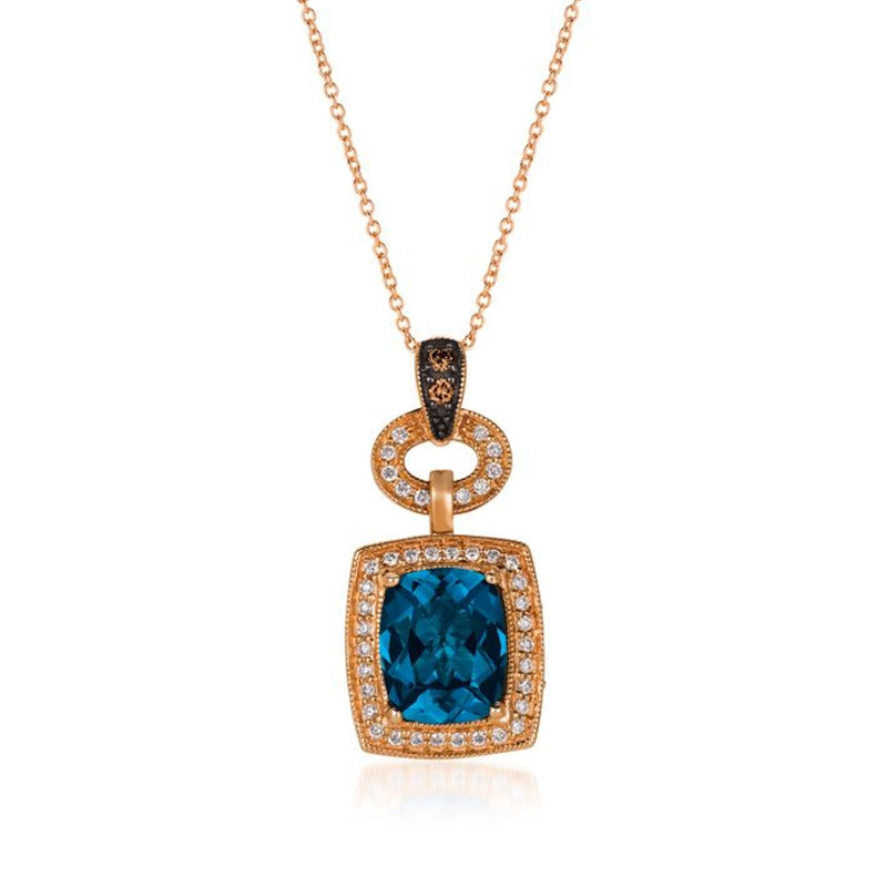 Le Vian Chocolatier Cushion Deep Sea Blue Topaz & 1/4 ct. tw. Vanilla & Chocolate Diamond Halo Milgrain Drop Pendant in 14K