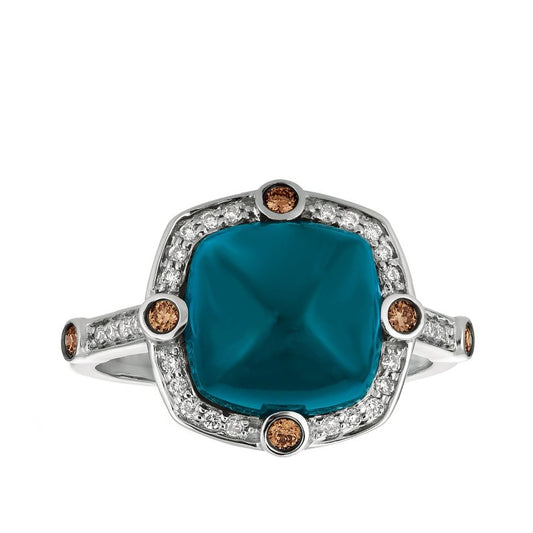 Le Vian Chocolatier Cushion Deep Sea Blue Topaz & 1/5 ct. tw. Vanilla & Chocolate Diamond Halo Ring in 14K Vanilla Gold