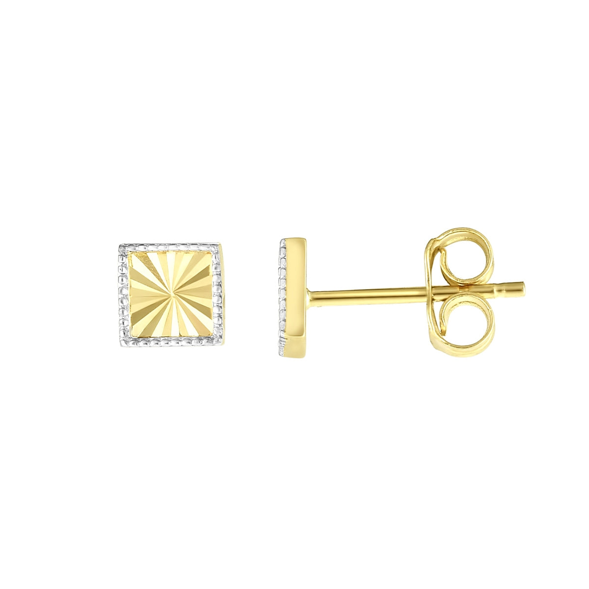Milgrain & Textured Square Earrings in Rhodium Plated 14K Yellow Gold