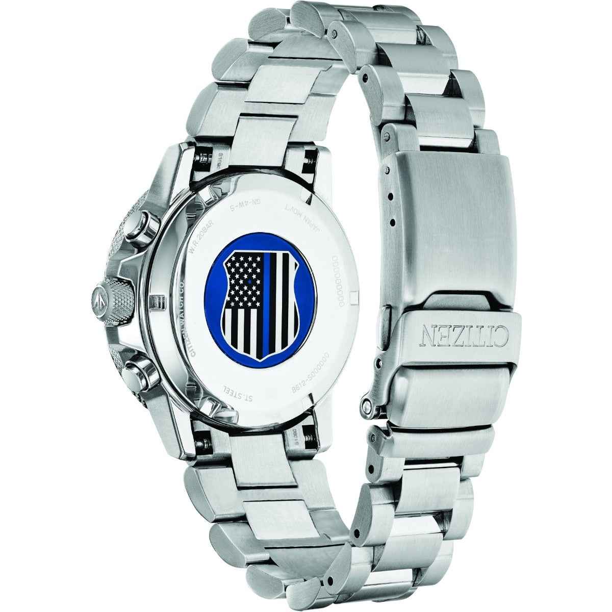 Citizen Men's Eco-Drive Chronograph Thin Blue Line Series Watch with Black Dial in Stainless Steel front view