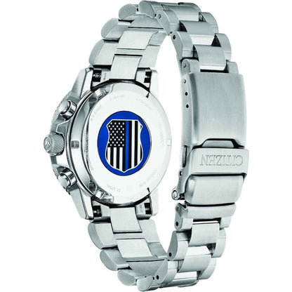 Citizen Men's Eco-Drive Chronograph Thin Blue Line Series Watch with Black Dial in Stainless Steel front view