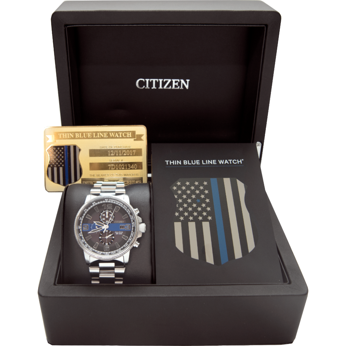 Citizen Men's Eco-Drive Chronograph Thin Blue Line Series Watch with Black Dial in Stainless Steel close-up detail