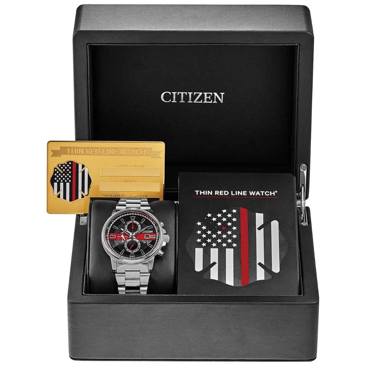 Citizen Men's Eco-Drive Chronograph Thin Red Line Series Watch with Black Dial in Stainless Steel close-up detail