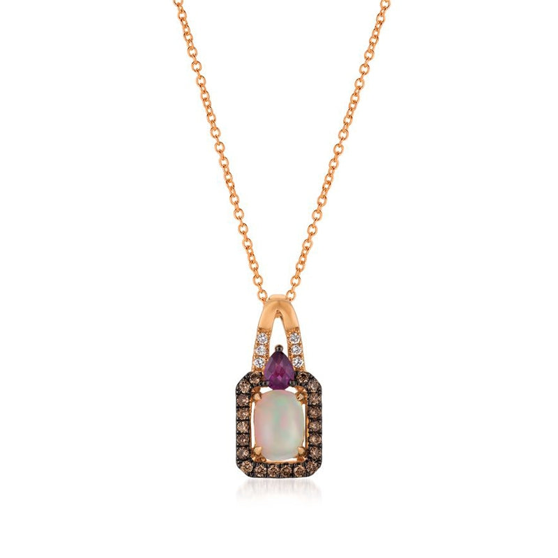 Le Vian Chocolatier Cushion Neopolitan Opal, Pear Garnet, and 1/5 ct. tw. Chocolate & Vanilla Diamond Halo Pendant in 14K