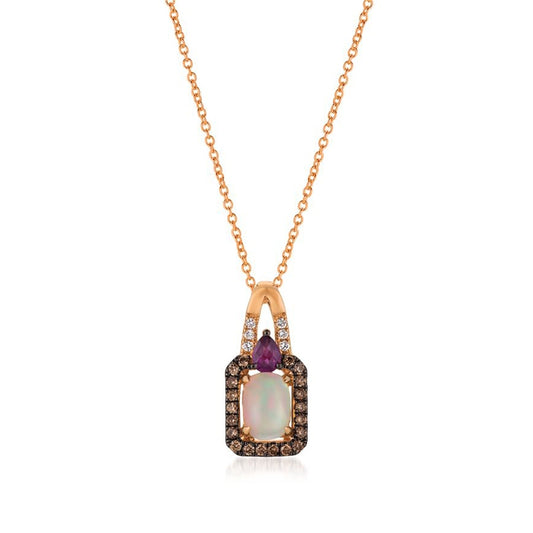 Le Vian Chocolatier Cushion Neopolitan Opal, Pear Garnet, and 1/5 ct. tw. Chocolate & Vanilla Diamond Halo Pendant in 14K