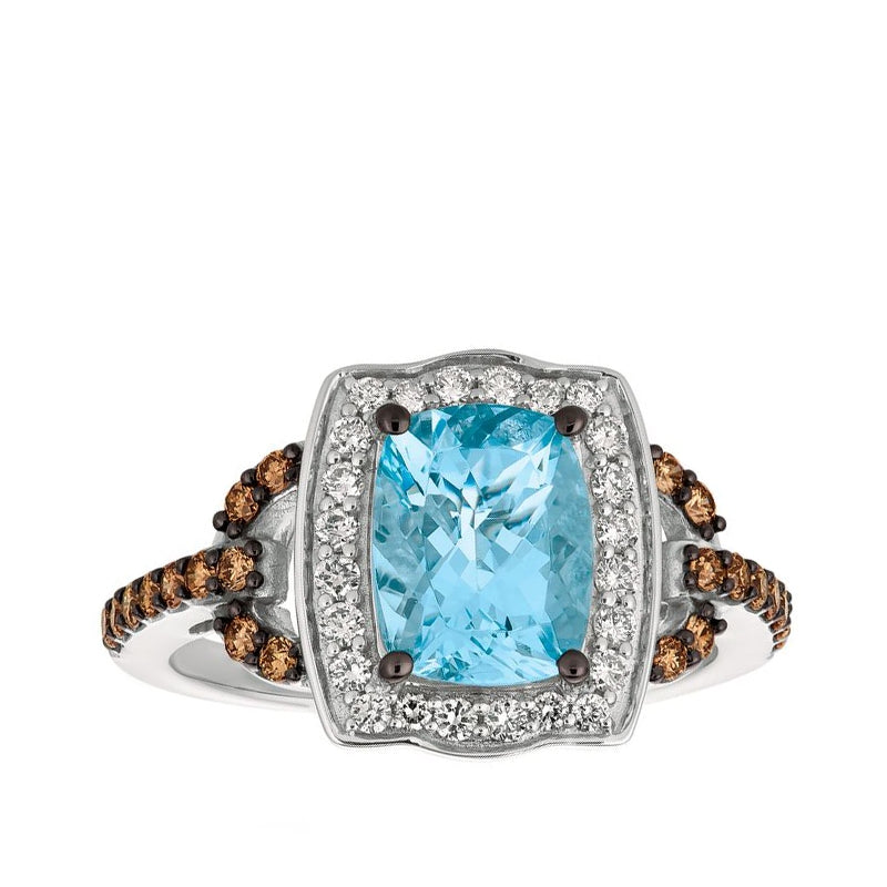 Le Vian Chocolatier Cushion Sea Blue Aquamarine & 1/2 ct. tw. Chocolate & Vanilla Diamond Halo Ring in 14K Vanilla Gold