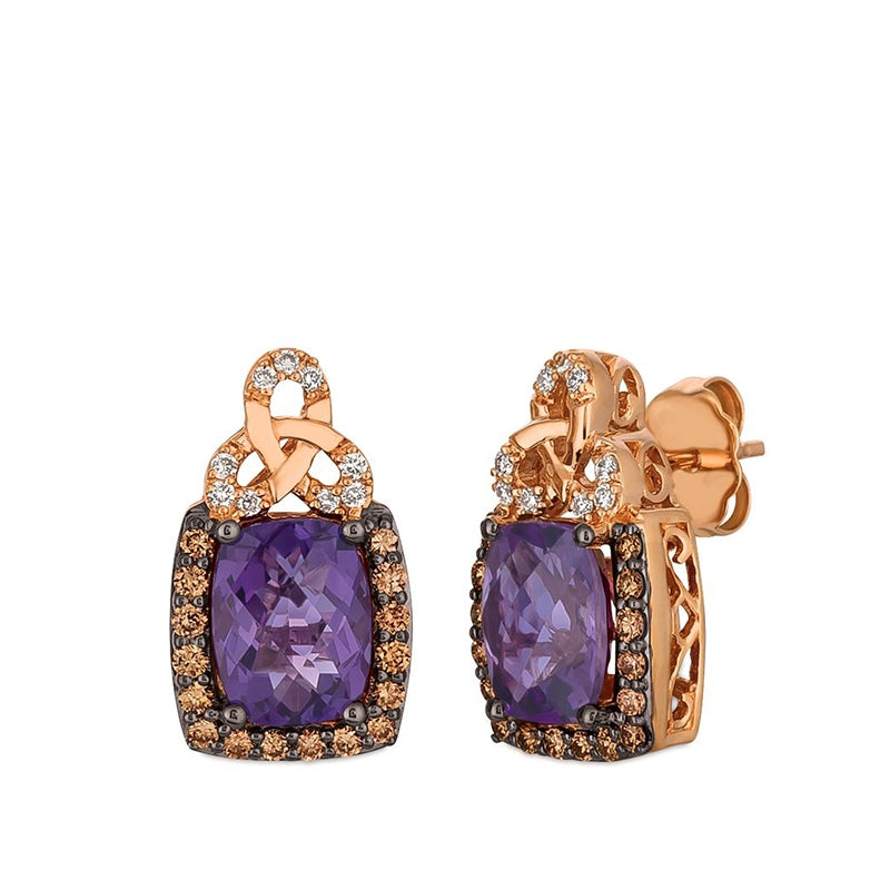 Le Vian Chocolatier Cushion Grape Amethyst & 3/8 ct. tw. Chocolate & Vanilla Diamond Halo Earrings in 14K Strawberry Gold