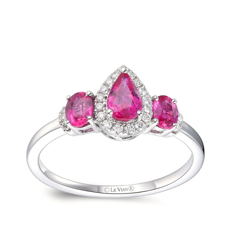 Le Vian Pear & Oval 3-Stone Passion Ruby & 1/10 ct. tw. Vanilla Diamond Halo Ring in 14K Vanilla Gold