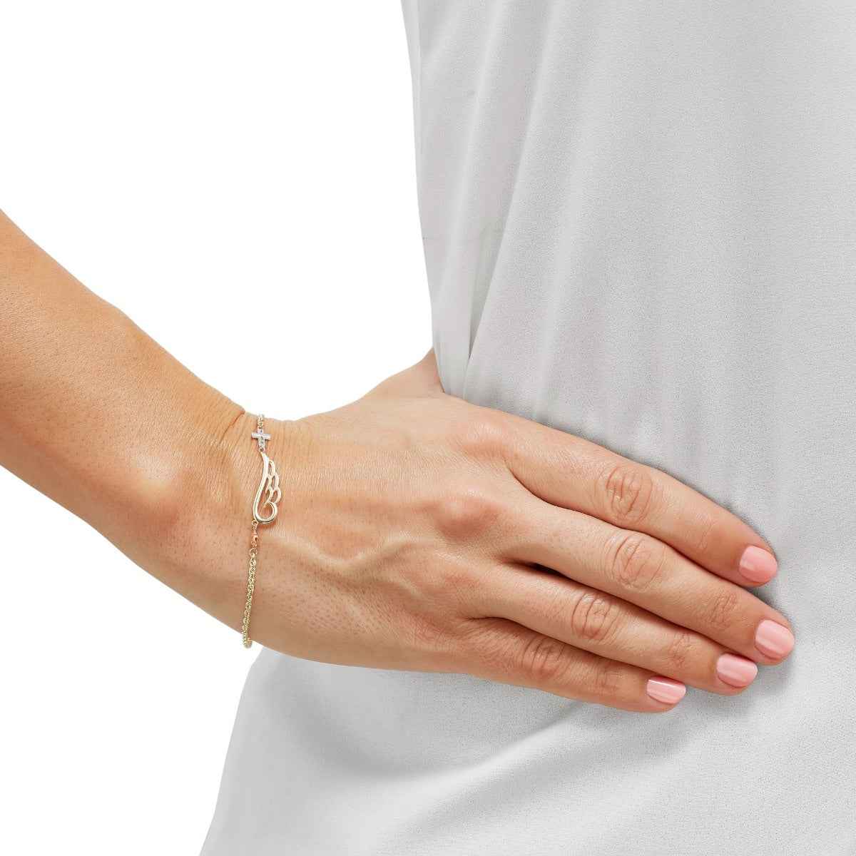 Angel Wing, Cross, and Heart Bracelet in 10K Tri Color Gold side profile