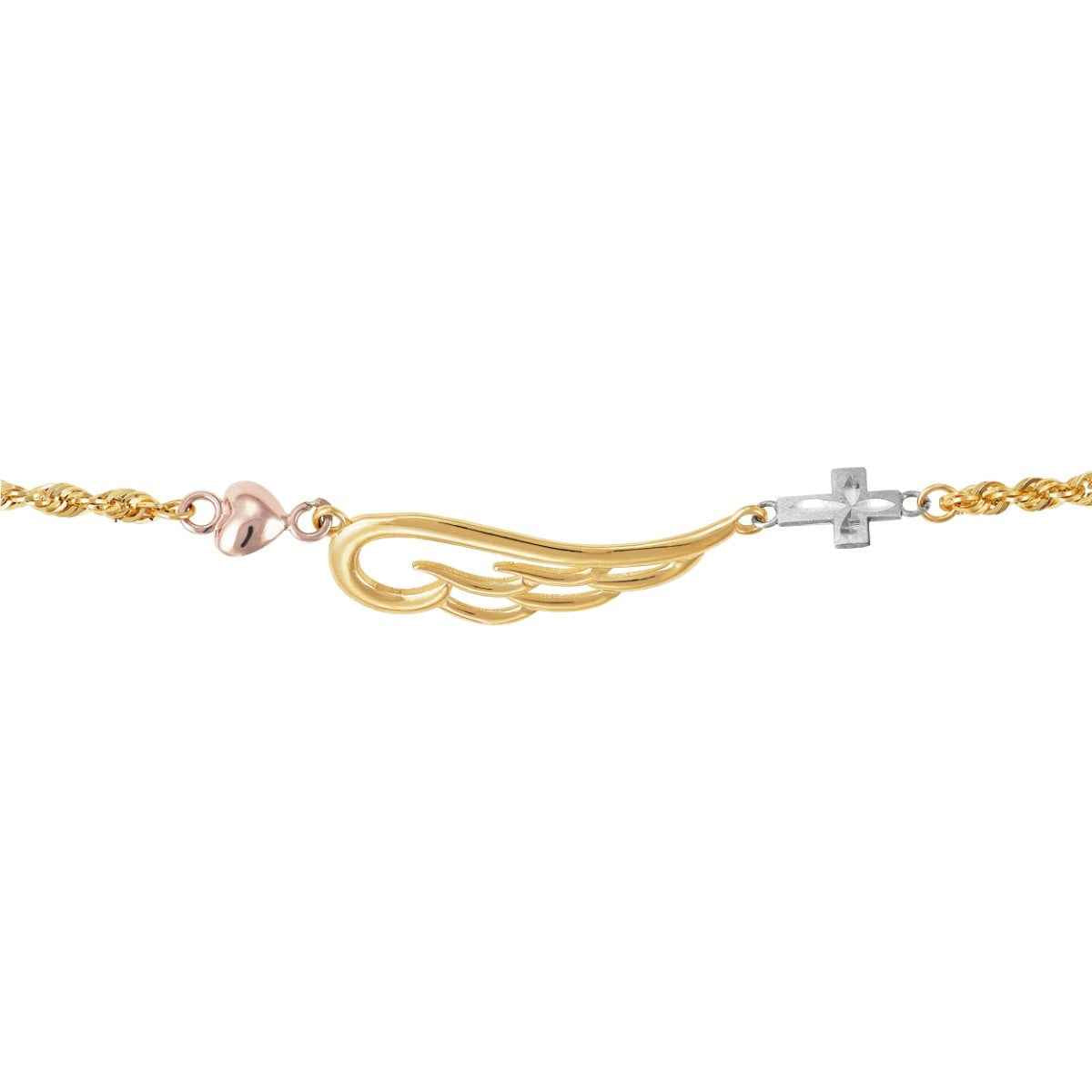 Angel Wing, Cross, and Heart Bracelet in 10K Tri Color Gold