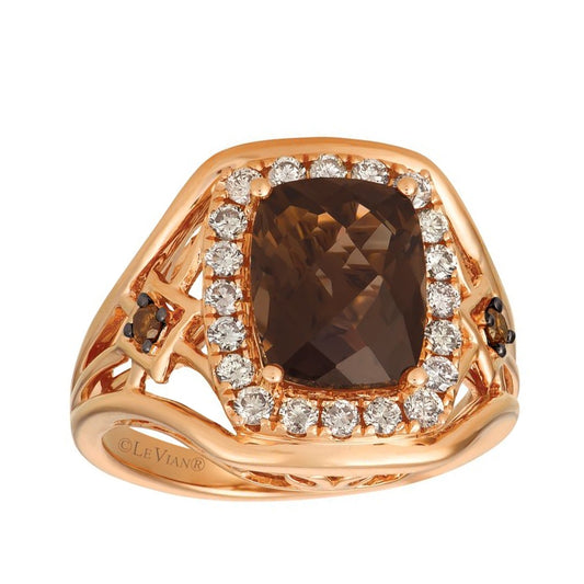 Le Vian Cushion Chocolate Quartz & 1/2 ct. tw. Nude & Chocolate Diamond Halo Ring in 14K Strawberry Gold