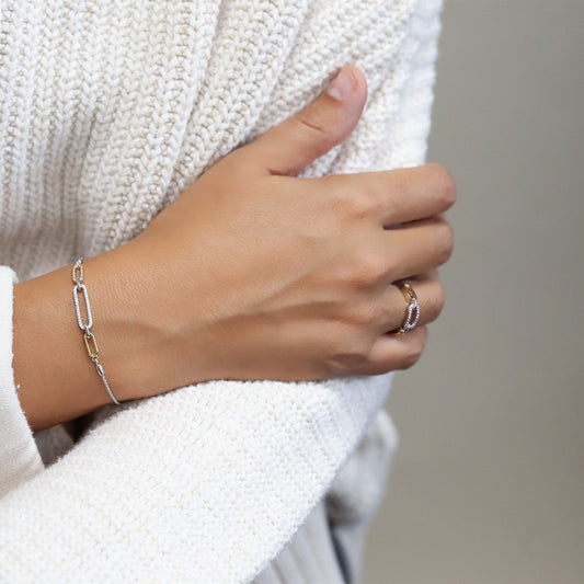 1/8 ct. tw. Diamond Paperclip Bolo Bracelet in Sterling Silver & 10K Yellow Gold close-up detail