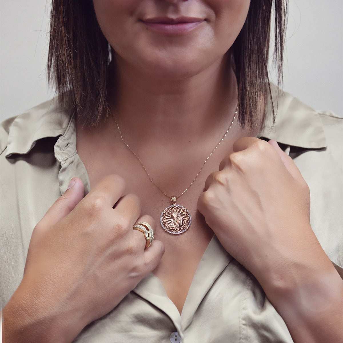 1/4 ct. tw. Diamond Mary & Baby Jesus Medallion in 14K Yellow & Pink Gold front view