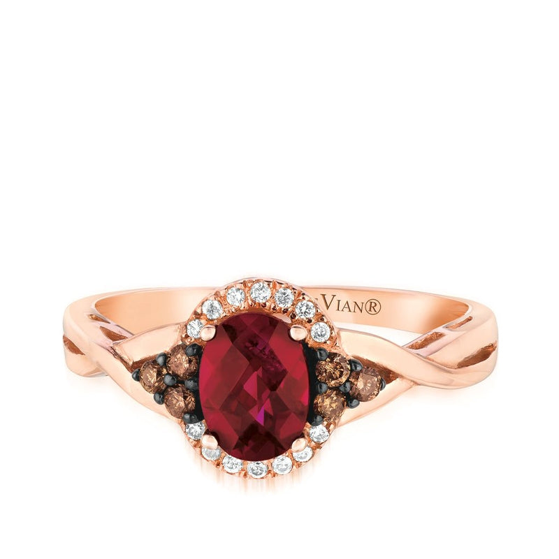 Le Vian Chocolatier Oval Raspberry Rhodolite Garnet & 1/6 ct. tw. Vanilla & Chocolate Diamond Halo Twist Ring in 14K